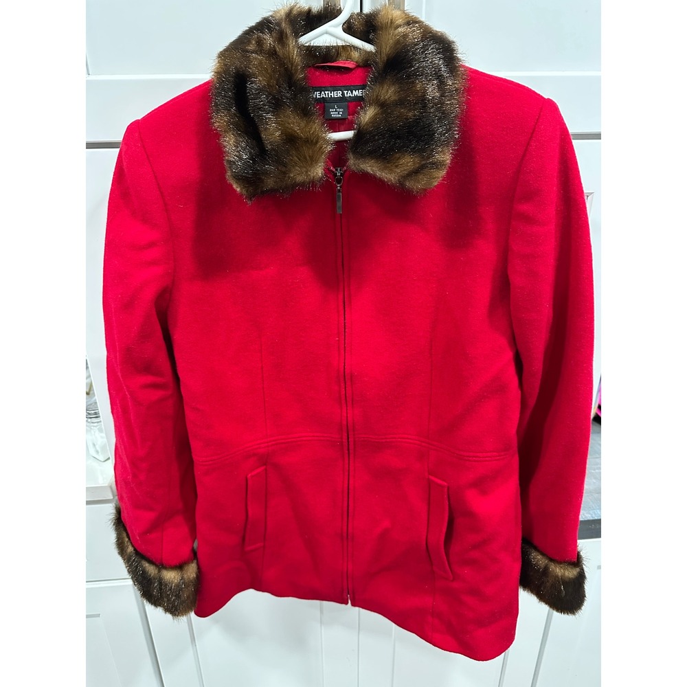 WEATHER‎ TAMER Red Wool Blend Fur Trim Zip Front Jacket Women Size L